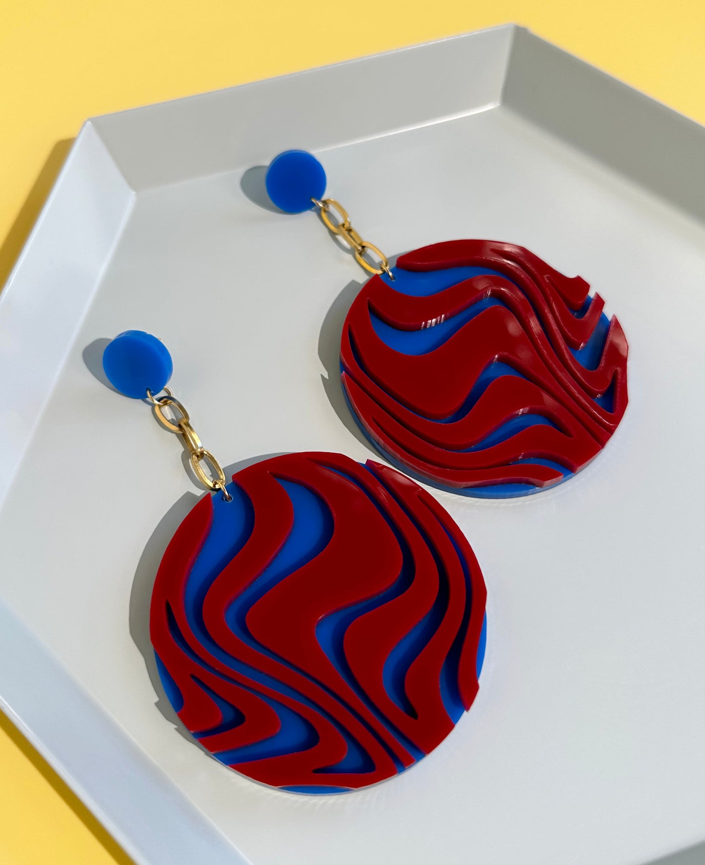 Wave Chain Dangle Earrings | Red + Blue