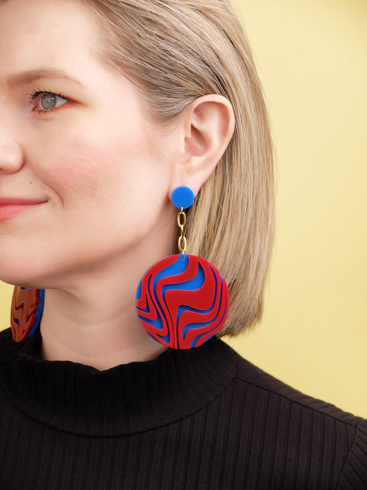 Wave Chain Dangle Earrings | Red + Blue