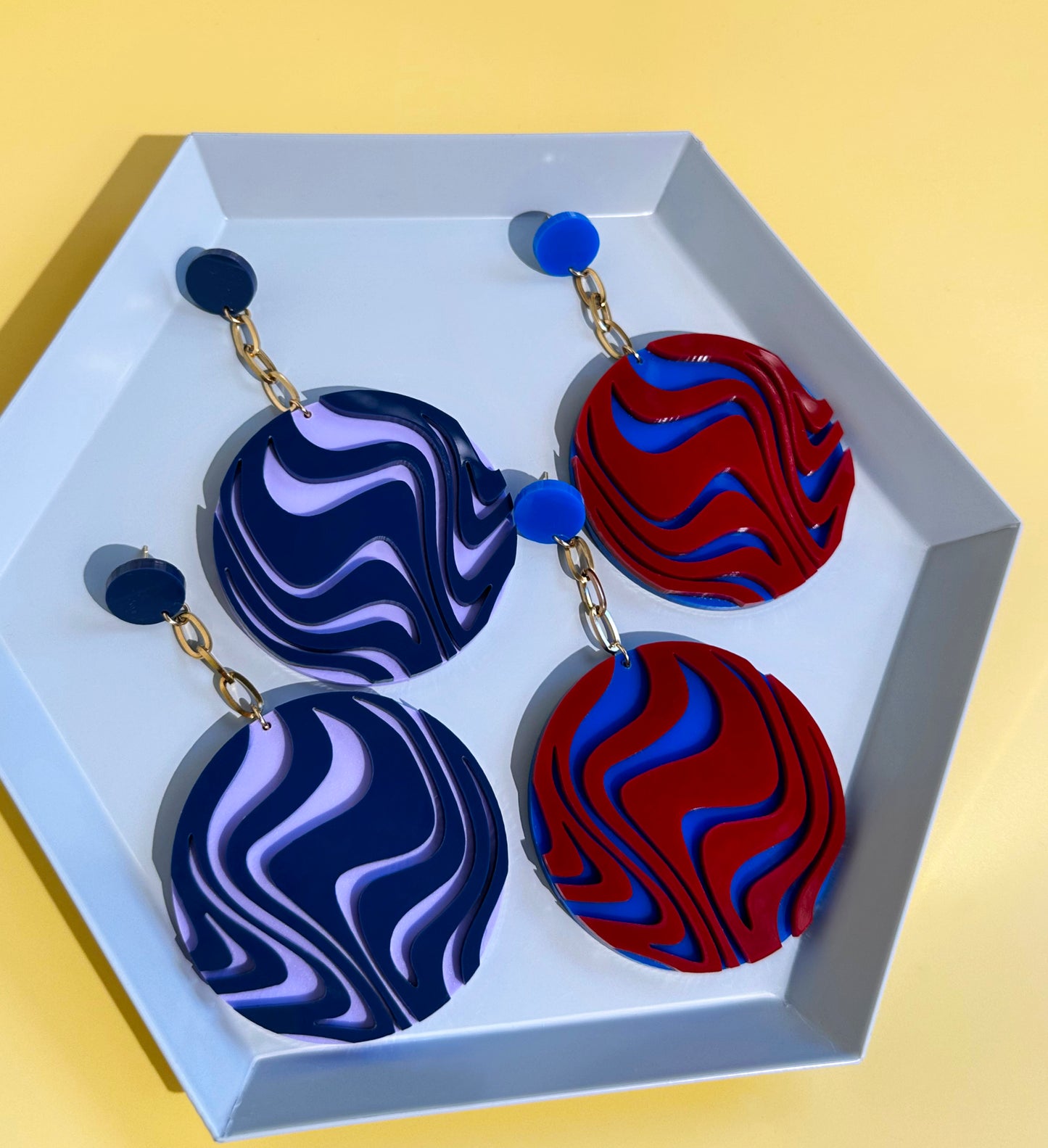 Wave Chain Dangle Earrings | Red + Blue