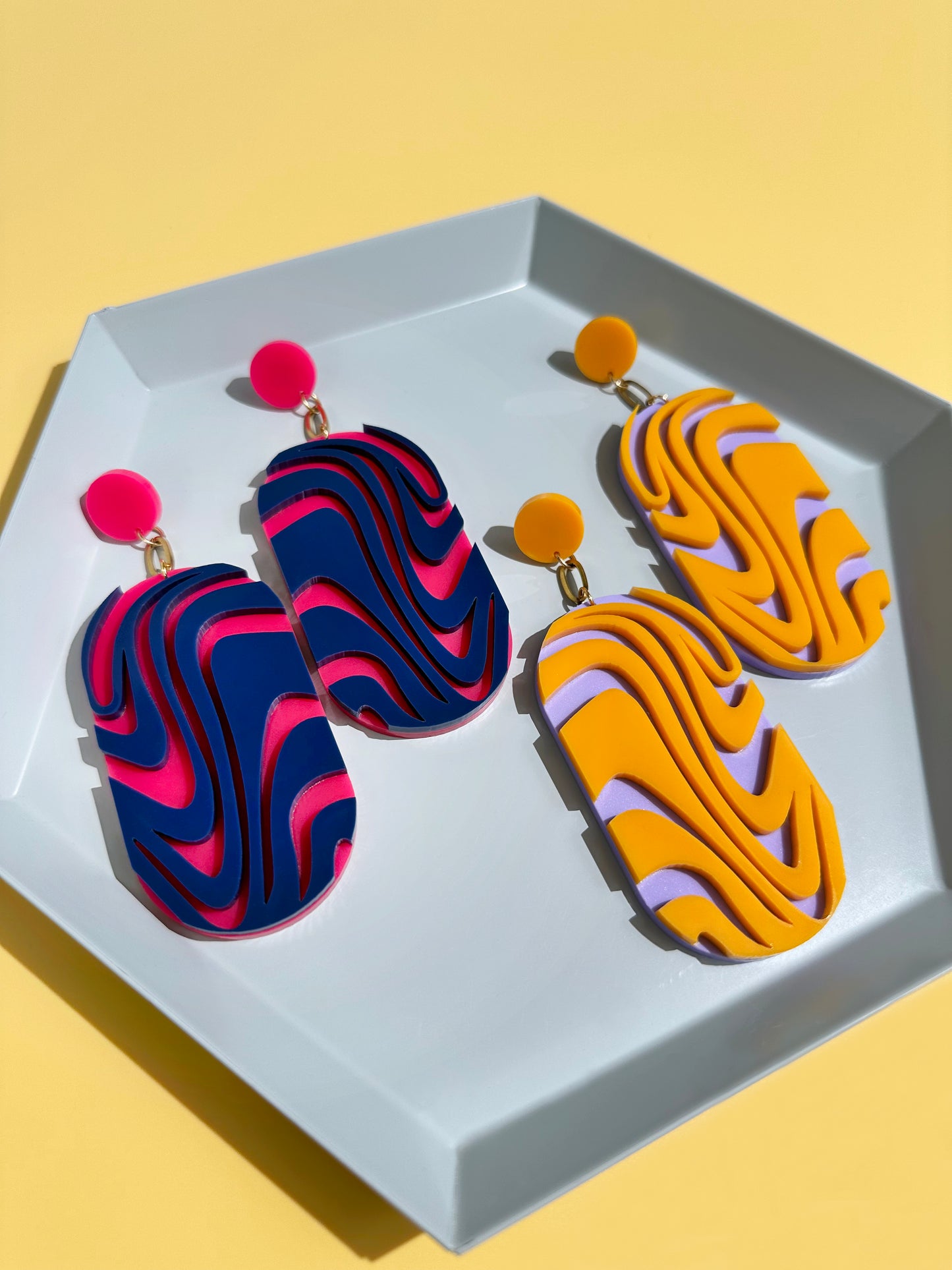 Wave Chain Dangle Earrings | Hot Pink + Navy