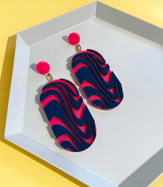 Wave Chain Dangle Earrings | Hot Pink + Navy