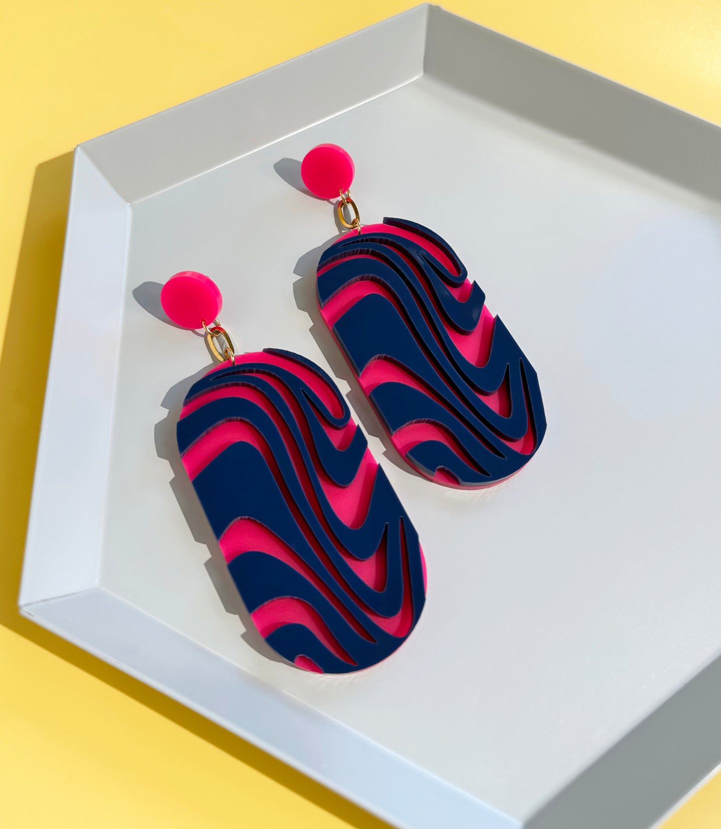 Wave Chain Dangle Earrings | Hot Pink + Navy